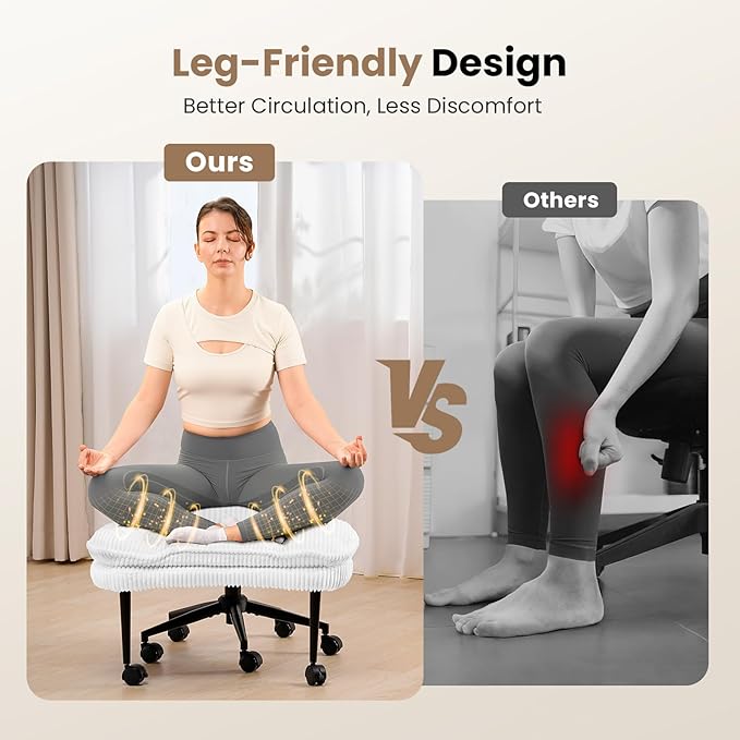 Cross Legged Office Chair, Ergonomic Cloud Criss Cross Desk Chair, Meditation Chair with Wheels, Height Adjustable Seat for ADHD, Wide Kneeling Chair with Back Support, Corduroy Fabric, White