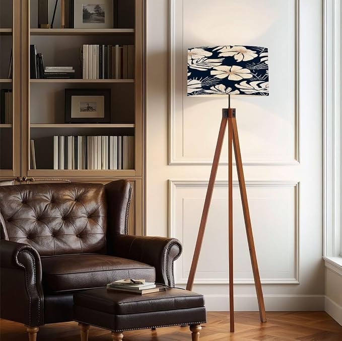 Wood Tripod Floor Lamp Hibiscus flowers tropical palm monstera leaves Hawaiian style floral Mid Century Standing Lamp Linen Shade Dimmable Modern Tall lamp Home Decor for Living Room Bedroom Office
