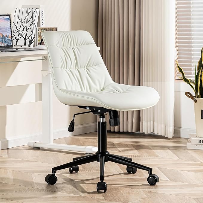 Kidol & Shellder Faux Leather Office Chair, Adjustable Swivel Height Task Chair, Rolling Wheels & Soft Backrest - Armless Ergonomic Desk Chair for Home, Office,Vanity,Gaming（White）