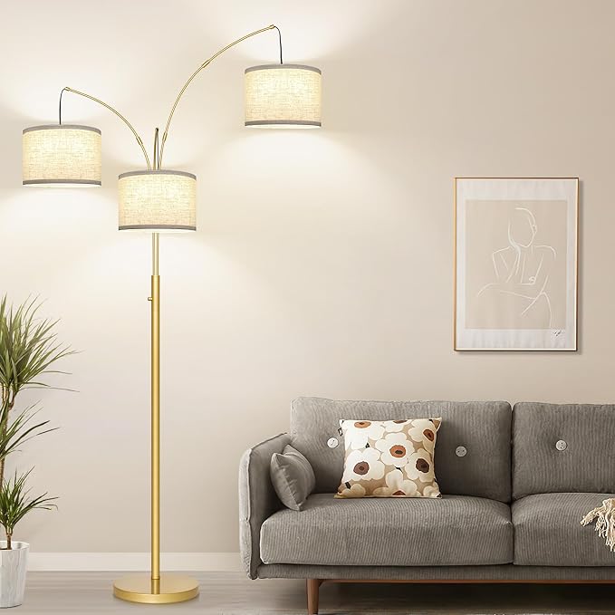 Dimmable Gold Floor Lamp, 3 Lights Arc Floor Lamps for Living Room, Modern Tall Standing Tree Lamp with White Shade & Heavy Base, Large Floor Lamp for Bedroom Office, 3x1000 LM LED Bulbs Included