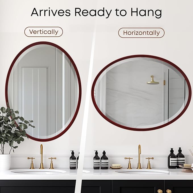 OVALCREST - Oval Wooden Beveled Wall Mirror for Home Decor, Bathroom, Vanity, Bedroom, Living Room, Hallway - London Style (Black Cherry) 21.1 x 17.1