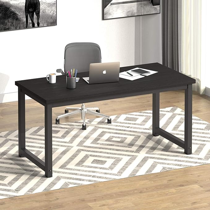 NSdirect 63 inch Computer Desk,Modern Simple Style PC Table Office Desk Wide Workstation for Study Writing,Gaming and Home Office,Extra 1" Thicker Wooden Tabletop and Black Metal Frame,Black