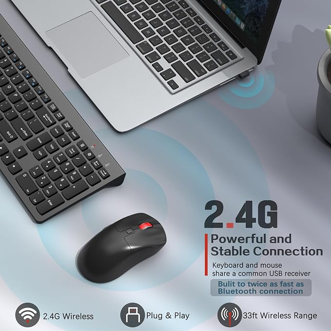 Wireless Keyboard and Mouse Combo,Quiet Click,Full Size Design with Number Pad,Ergonomic Mouse with 5 DPI,Sleep Mode-2.4G Silent Portable Cordless Combo for Laptop/PC/Computer/Mac(Grey)