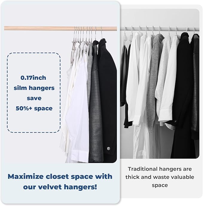 Grey Velvet Hangers 50 Pack, Felt Covered Non Slip Fabric with Stackable Cascading Hook, Ultra Thin and Space Saving with 360° Swivel Neck, 15Lbs Capacity for Clothes, Suit, Shirt, Coat