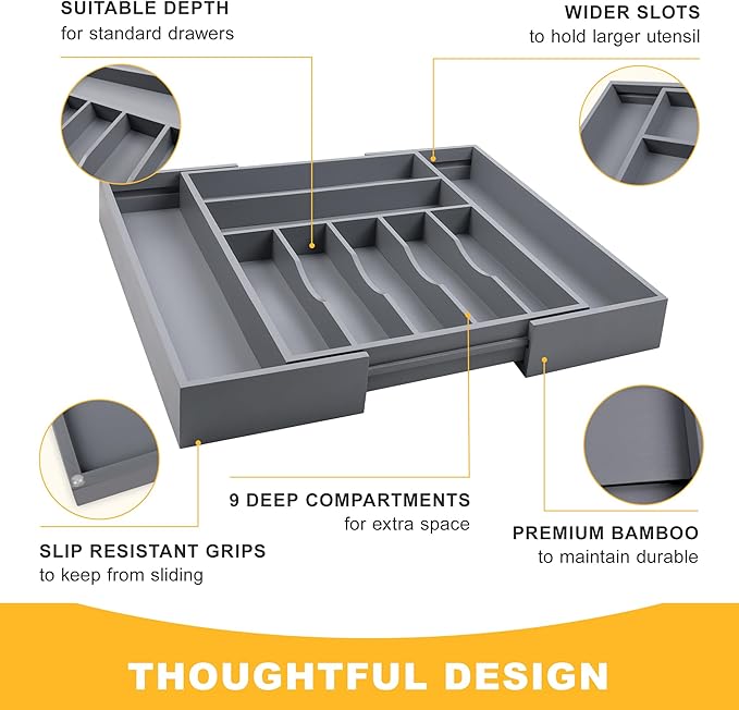 Large Premium Bamboo Silverware Organizer