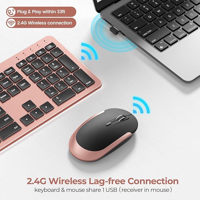seenda Rechargeable Wireless Keyboard Mouse Combo Full Size Cordless Keyboard & Mouse Sets with Build-in Lithium Battery Ultra Thin Quiet Keyboard Mice (Rose Gold & Black)