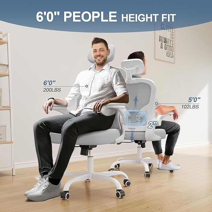 Office Chair Ergonomic Desk Chair, 330LBS Capacity, High Back Computer Chair for Long Hours Comfortable, Rolling Swivel Chair for Home Office, Flip-up Armrests，White+Grey