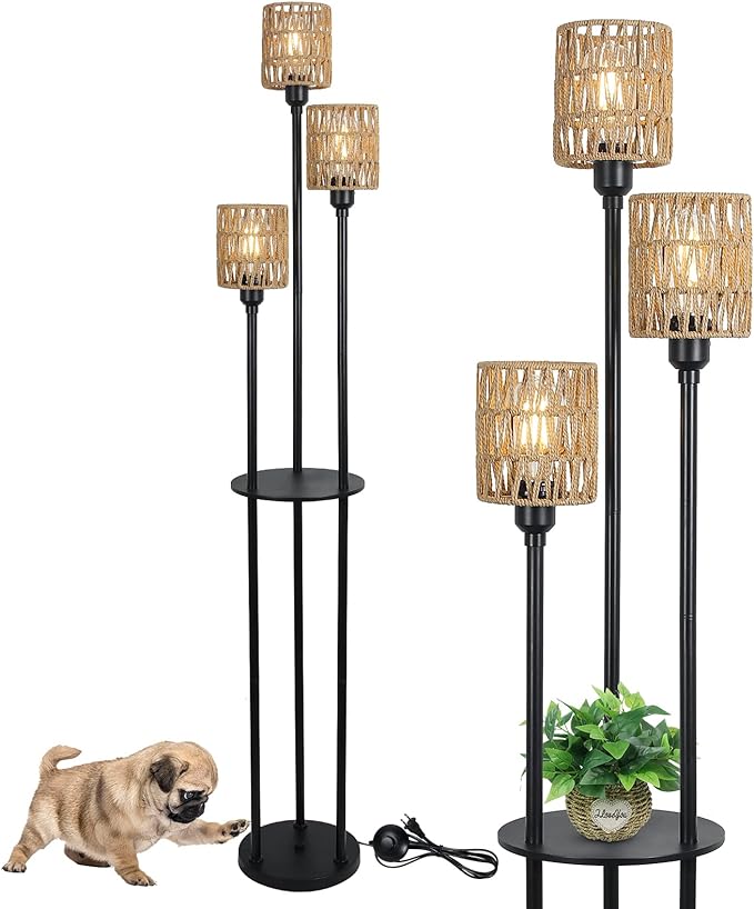 Boho Floor Lamp with Shelves, 3-Lights Farmhouse Tall Floor Lamp with ON/Off Foot Switch, Rustic Standing Lamp with Rattan Shades for Living Room Bedroom Office