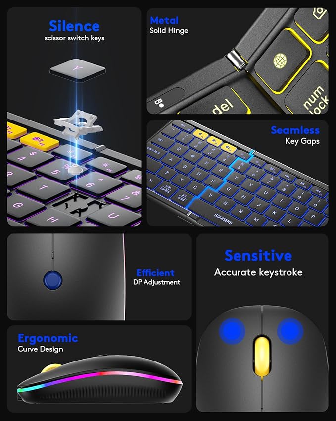Samsers Foldable Keyboard and Mouse, Folding Bluetooth Keyboard Mouse Combo with Backlight, 2.4G + BT5.0 x 2, Full-Size Travel Keyboard & Portable Wireless Mouse for Windows/Android/iOS/Mac OS, Black