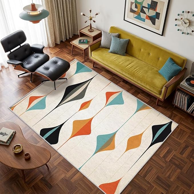 Mid Century Modern Throw Rug 2x3, Washable Retro Geometric Rugs for Entryway Bedroom Kitchen, Minimalist Area Rug for Home Decor, Non Slip Backing Indoor Floor Mat Carpet with Gripper