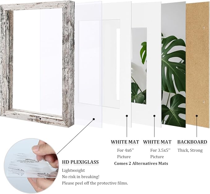 Egofine 5x7 Picture Frame Made of Solid Wood, Covered by Plexiglass Display Pictures 3.5x5/4x6 with Mat or 5x7 Without Mat for Table Top Display and Wall Mounting Photo Frame, Rustic White