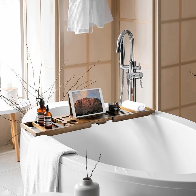 Bamboo Bathtub Tray Caddy - Splash-Proof Adjustable (28.5-40") with Wine Holder, Tablet Stand & Non-Slip Grip | Spa-Grade Organizer for Bath Essentials & Reading- Walnut