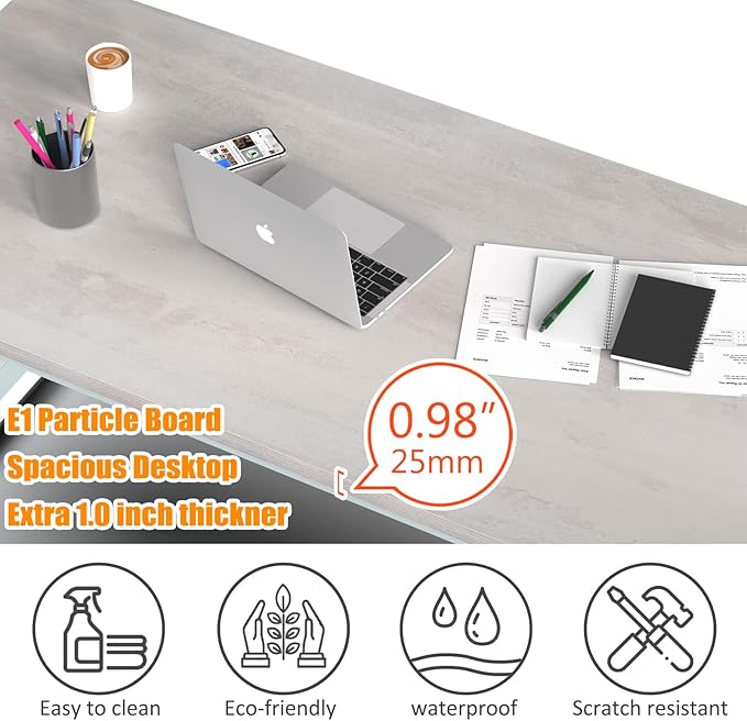 NSdirect 63" Large Computer Desk,Modern Simple Style PC Table Office Desk Wide Workstation for Study Writing,Gaming and Home Office,Extra 1" Thicker Wooden Tabletop and Black Metal Frame,Stone White