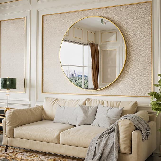 BEAUTYPEAK 42 Inch Round Mirror, Metal Frame Circle Mirror, Wall Mounted for Entryway, Bathroom, Vanity, Living Room, Gold