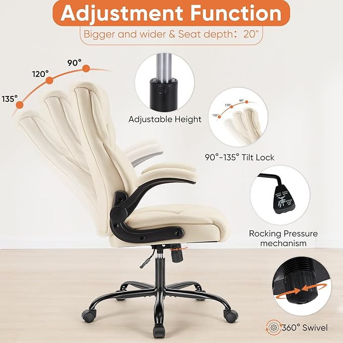 Sweetcrispy Computer Gaming Chair, Ergonomic High Back Heavy Duty Task Desk Office Chairs with Wheels, Flip-up Arms, Adjustable Height, PU Leather, Cream