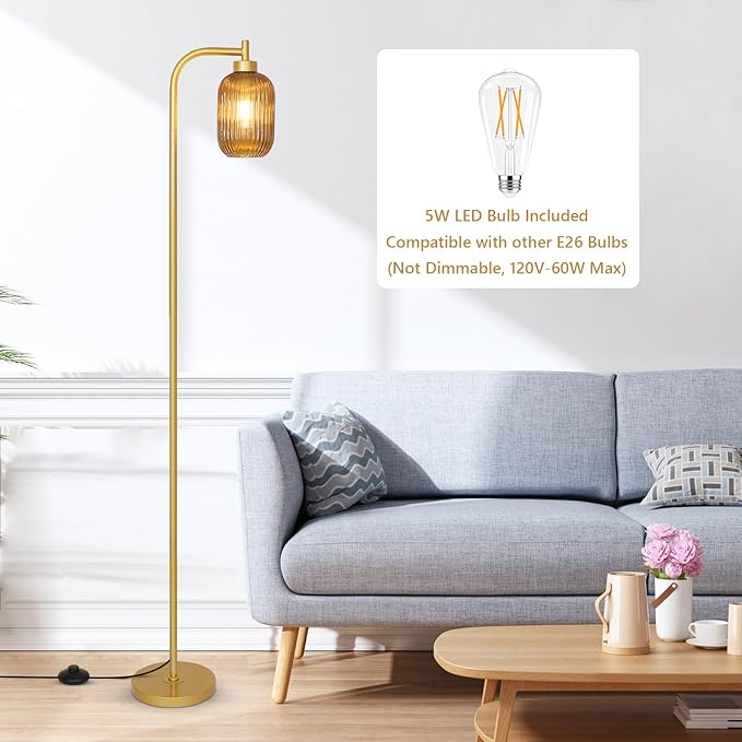 LAMSU Glass Floor Lamps for Living Room, Vintage Gold Standing Lamp with LED Bulb, Amber Stripe Glass Shade, Foot Switch, Mid Century Modern Brass Tall Corner Lamp for Bedroom Office Reading Room