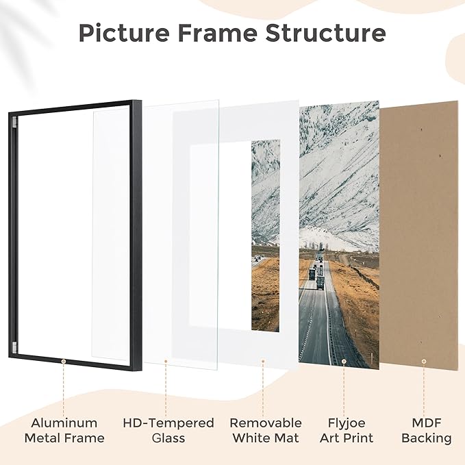 16x24 Frame | 16x24 Poster Frame With Mat For 12x18 | Metal Aluminum Picture Frame With Tempered Glass | Minimalist Modern Poster Frame | Hanging Hardware Included | Black