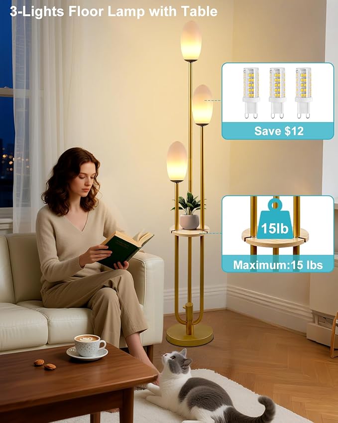 Lightdot Gold Floor Lamp Dimmable with Table, Tall Standing Lamps with 3-Oval LED Warm White Bulbs Included, Mid Century Modern Floor Lamp with 5Lbs Heavy Base for Living Room/Sofa Beside/Corner Decor