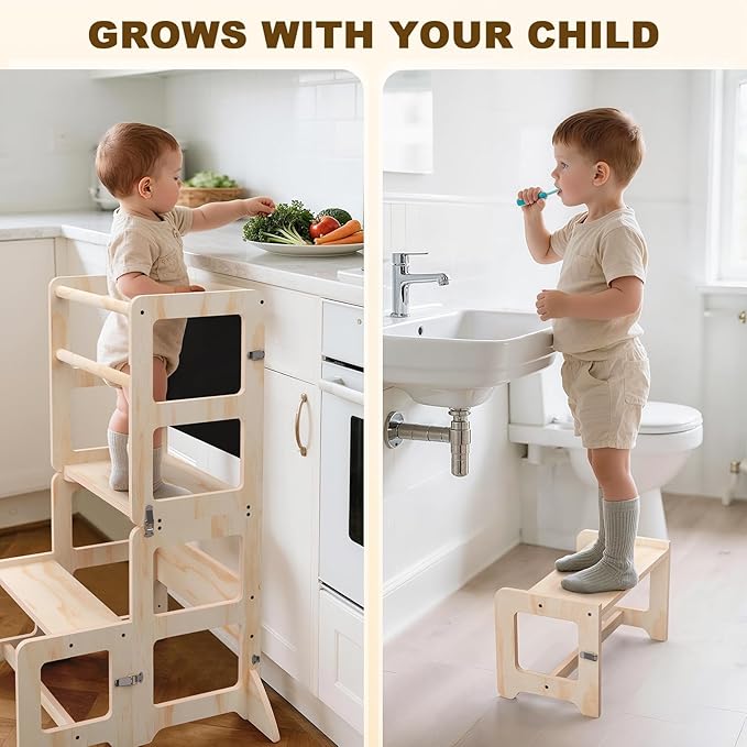 Toddler Kitchen Step Stool, 4-in-1 Foldable Standing Tower with Blackboard, Toddler Step Stool for Bathroom Sink, Kitchen Counter, Ages 18 Months to 4 Years