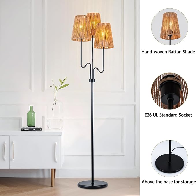 MAYNA 68" Boho Rattan Floor Lamp, 3-Light Black Tree Floor Lamp with Hand-Woven Wicker Shades, Tall Standing Lamp with Foot Switch for Living Room, Bedroom, Nursery, Rustic Farmhouse Decor