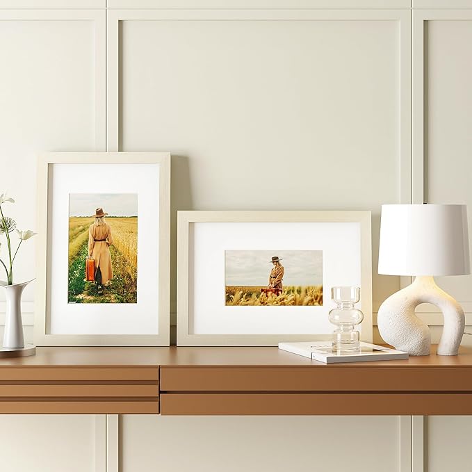 Egofine 8x12 Picture Frame Made of Solid Wood with Plexiglass, Display Pictures 5x7/6x8 with Mat or 8x12 Without Mat for Tabletop and Wall Mounting, Beige