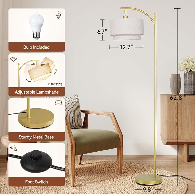 SUNMORY Floor Lamps for Living Room with 12W LED Bulb, Arc Floor Lamp with 3 Color Temperatures, Modern Floor Lamps with Adjustable Double Fabric Shades, Tall Standing Lamp for Bedroom, Corner