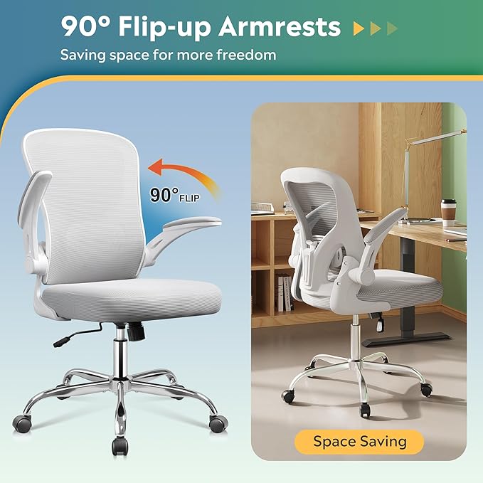 DEVAISE Office Chair Ergonomic Computer Desk Chair with Flip-up Armrests, Comfy Mesh with Adjustable Lumbar Support, White