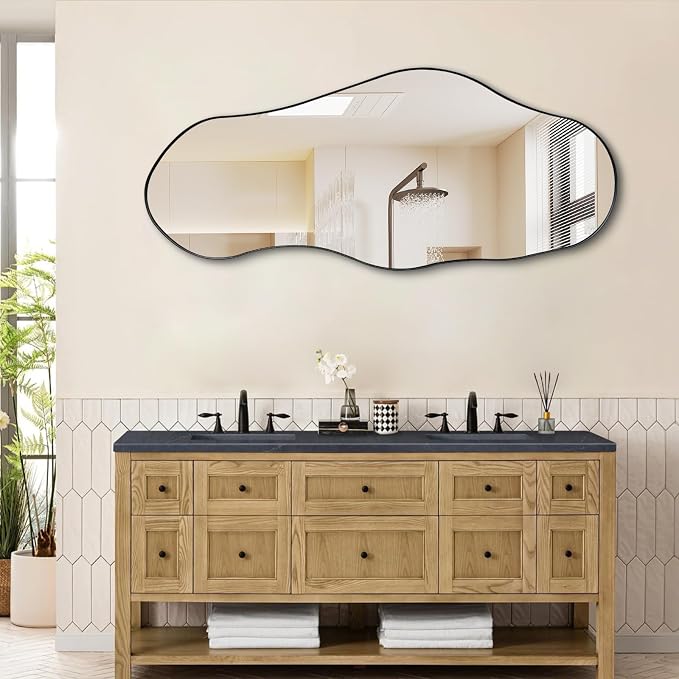 Irregular Wall Mirror, 47"x20.5" Asymmetrical Decorative Accent Mirror with Black Metal Frame, Organic Shape Mirrors for Entryway Bedroom Living Room, Horizontal or Vertical Hanging