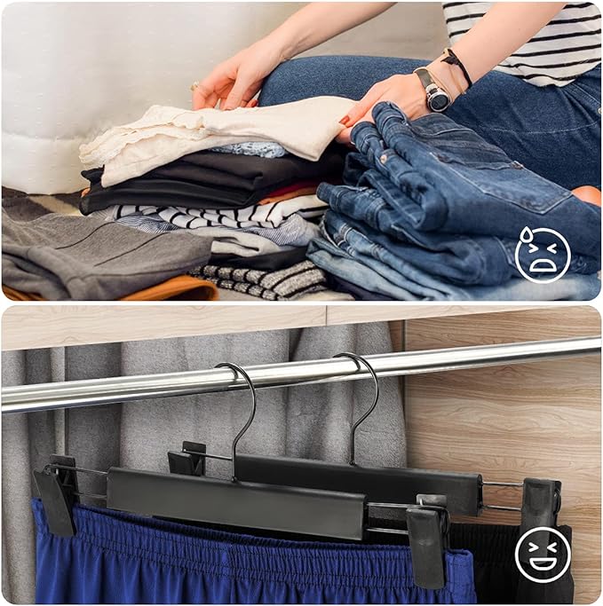10 Pack Clothes Pants Hangers, Space-Saving Skirt Holders with 360 ° Swivel Hooks, Adjustable Clips, Trouser Coat Garment Jeans Black