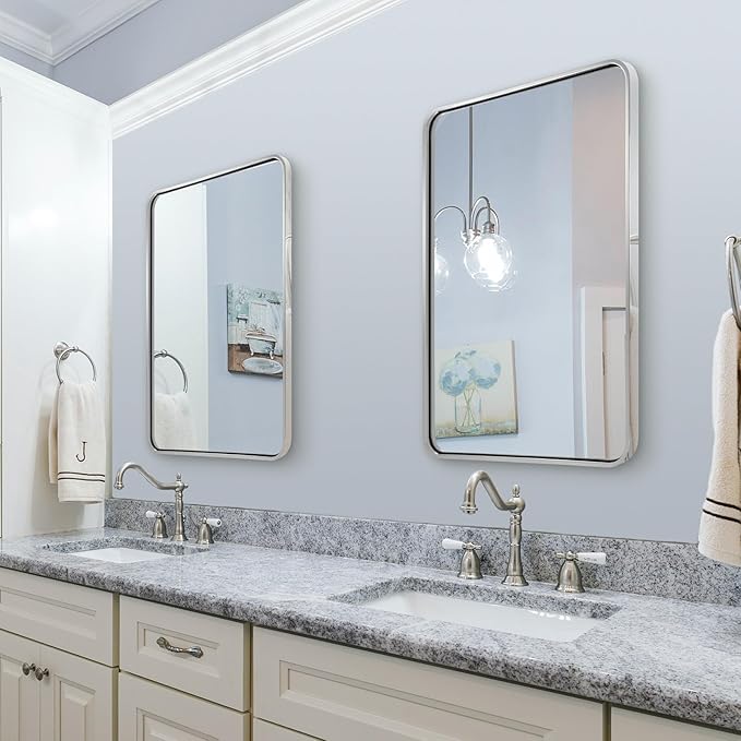 ANDY STAR Chrome Mirrors for Bathroom, 24x36’’ Rounded Rectangle Mirror, Chrome Bathroom Vanity Mirror, SUS304-Anti-Rust, Wall-Mounted Horizontal/Vertical 1’’ Deep