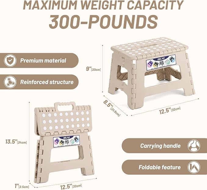 Delxo Folding Step Stool,9 Inch Lightweight Plastic Stepstool,Portable Collapsible Foldable Step Stool Non Slip Folding Stools for Kitchen Bathroom Bedroom in Khaki,1 Pack