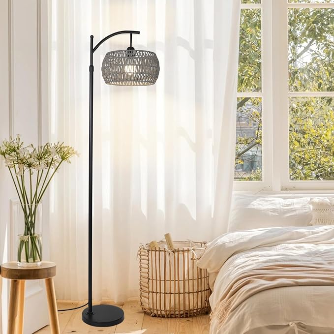 Arc Floor Lamp for Bedroom, Boho Standing Lamp with Remote & LED Smart Bulb, Rattan Floor Lamps for Living Room with 3 Color Temperatures, Height Adjustable Corner Tall Lamp, Stand up Light for Office