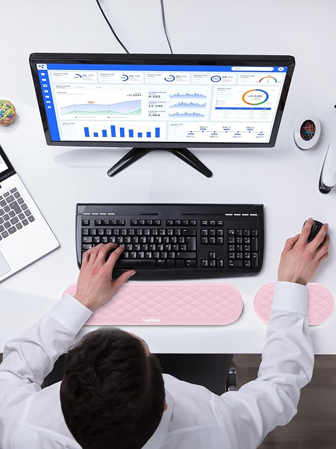 TopMade Upgraded Wider Wrist Rest Set, Soft Memory Foam Keyboard Hand Rest Pad, Computer Ergonomic Keyboard Mouse Wrist Support for Typing Pain Relief, Comfort for Office, Gaming, Study, Pink