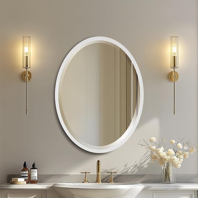 OVALCREST - Oval Wooden Beveled Wall Mirror for Home Decor, Bathroom, Vanity, Bedroom, Living Room, Hallway - London Style (Linen White) 17.1 x 13.1