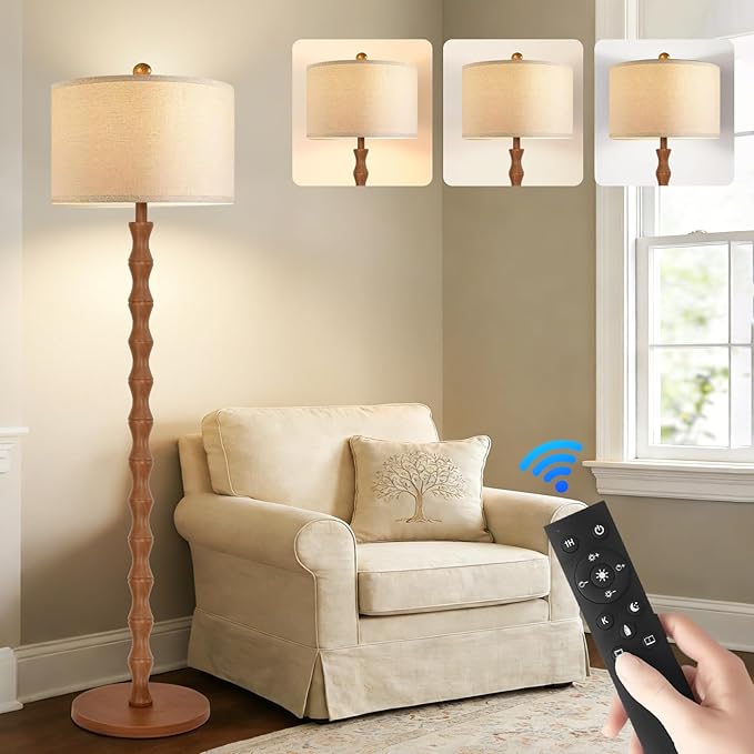 ZECOXOL Wood Floor Lamp with 3 Color Temperatures,Boho Floor Lamp with Remote Control,Dimmable Vintage Floor Lamp Mid Century Modern Standing Lamp Farmhouse Tall Pole Lamp for Living Room Bedroom