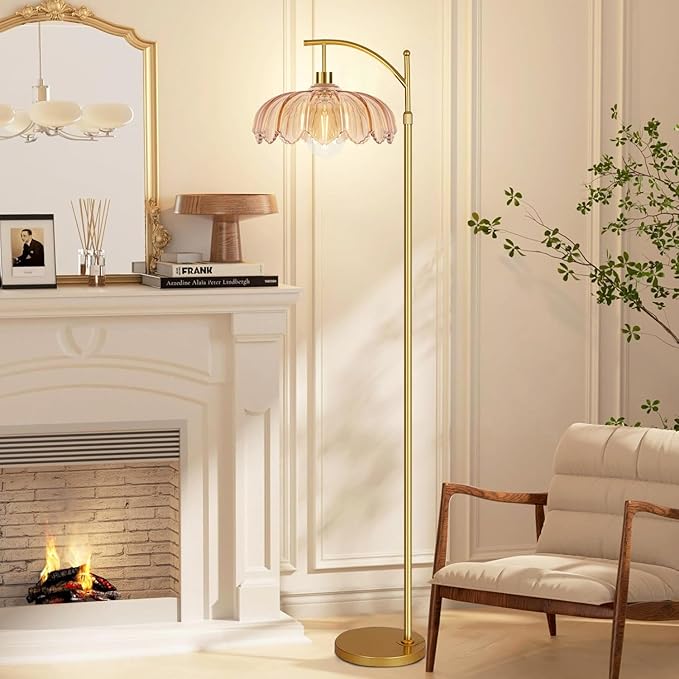ILLMTW Gold Floor Lamp for Living Room,Bedroom,Mid Century Modern Standing Lamp with Remote,Dimmable Brass Tall Lamp Amber Glass Lamp Vintage Retro Arc Floor Lamps Flower Floor Light Boho Bohemian