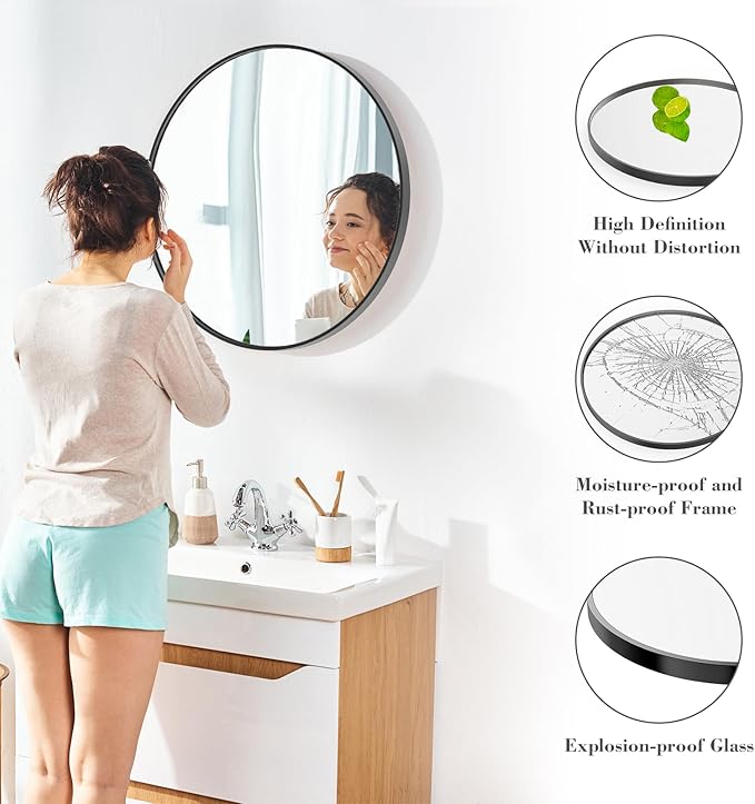 Sweetcrispy 30 Inch Round Wall Mirror with Tempered Glass, Bathroom Mirror Over Sink, Anti-Fog & Waterproof Round Mirrors for Bathroom, Entryway, Bedroom, Shatterproof Design, Black