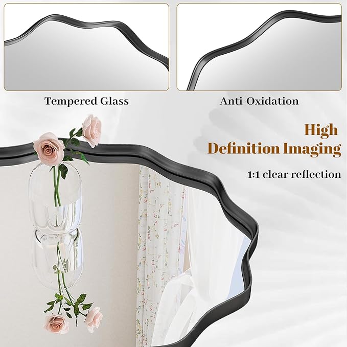 Round Wavy Mirror, 36 Inch Metal Frame Circle Mirror, Round Wall Mounted for Entryway, Bathroom, Vanity, Living Room, Black