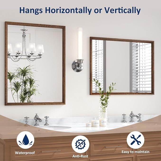 WEER Bathroom Mirror, 28x36 Inch Wall Mirror, Walnut Wood Grain Framed Mirror, Rectangle Vanity Mirror, Tempered Glass, Anti-Rust, Hangs Horizontally or Vertically