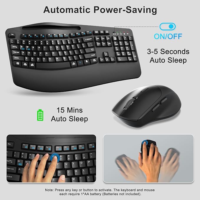 Wireless Keyboard and Mouse Combo, 2.4G Full Size Wave Keys Ergonomic Keyboard with Wrist Rest, Phone Holder, 3-Level DPI Wireless Silent Mouse with 6-Buttons, for Windows, Mac OS, Laptop, PC (Black)