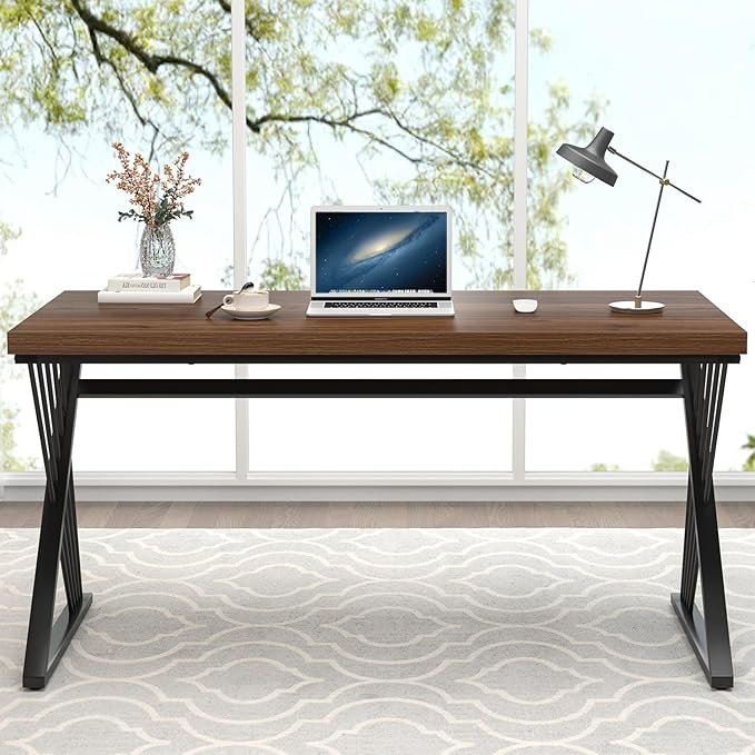 FOLUBAN Office Desk, Modern Wood and Metal Home Desk, Writing Study Work Desks for Bedroom, Industrial PC Gaming Table for Living Room, Walnut, 60 Inch