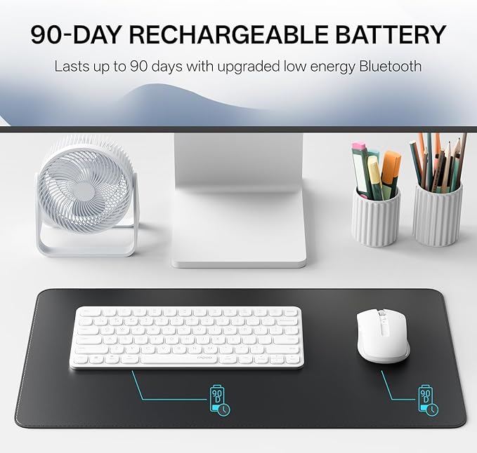 Rapoo 9050S Multi-Device Keyboard and Mouse Combo, 2.4GHz/Bluetooth 5.0/4.0 Wireless Keyboard & Mouse Set for Windows/Mac/Linux/Chrome, Support 4 Devices, Rechargeable, Silent Click, White