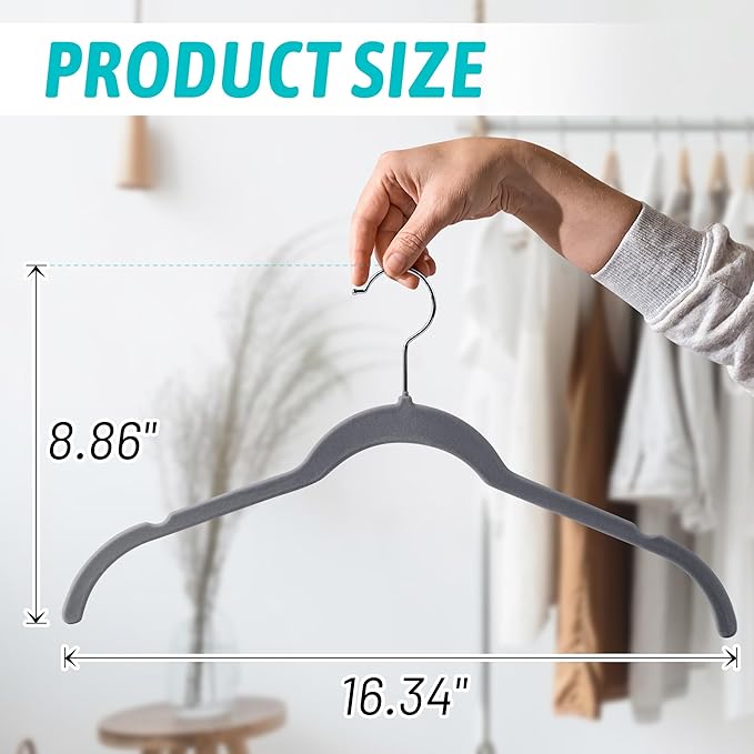 Premium Velvet Shirt Hangers 30 Pack, Space-Saving Non-Slip Felt Hanger with 360° Swivel Hook, Slim Flocked Hangers for Strappy Dresses, Blouses, Tank Tops(Grey)