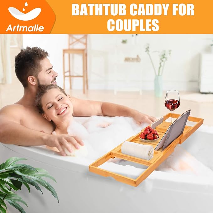 Artmalle Luxury Bathtub Caddy Tray for Tub - Foldable Bamboo Bath Table Tray with Book and Wine Glass Holder, Expandable Bathroom Accessories for Spa or Reading Lite Style