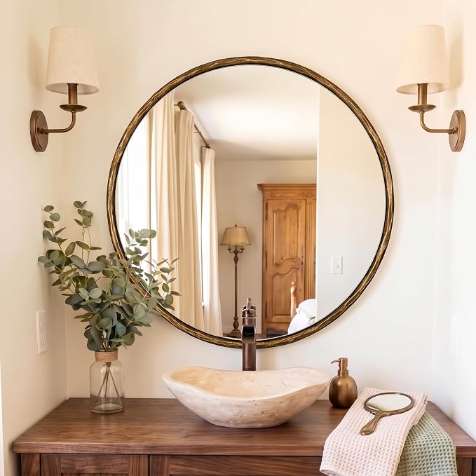 ANDY STAR 24 Inch Hand-Forged Round Gold Mirrors, Solid Steel Frame Antique Brass Bathroom Round Wall Mirror for Over Sink, Vanity Hammered Circle Mirror for Vintage, Farmhouse, Rustic