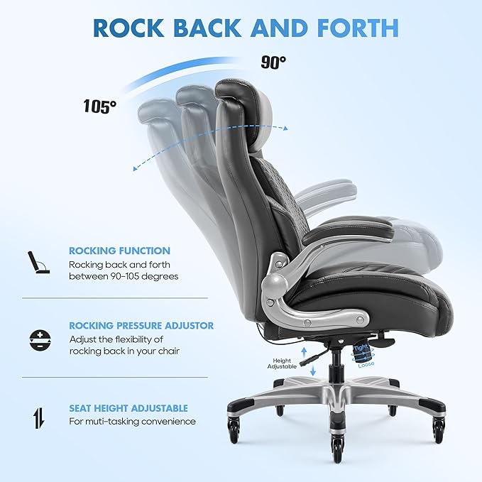 COLAMY Office Chair Ergonomic Desk High Back Executive Chair with Pop-Out Lumbar Support, Upgraded Casters, Adjustable Headrest, Flip-Up Arms, Leather Home with Thick Cushion for Comfort - Black