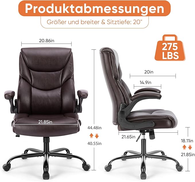 Sweetcrispy Computer Gaming Chair, Ergonomic High Back Heavy Duty Task Desk Office Chairs with Wheels, Flip-up Arms, Adjustable Height, PU Leather, Brown