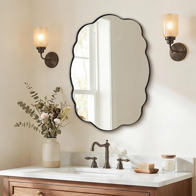 ANDY STAR Matte Black Wavy Oval Wall Mirror -26x38 Inch Scalloped Mirror for Bathroom, Living Room & Entryway, Anti Rust Stainless Steel Wall Mount Horizontal or Vertical