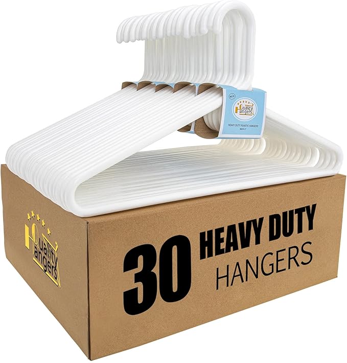 Quality White Plastic Hangers 30 Pack - Super Heavy Duty Multipack for Clothes - Thick Strong Standard Closet Clothing Hangers with Hook for Scarves and Belts-17 for Coats (White, 30)