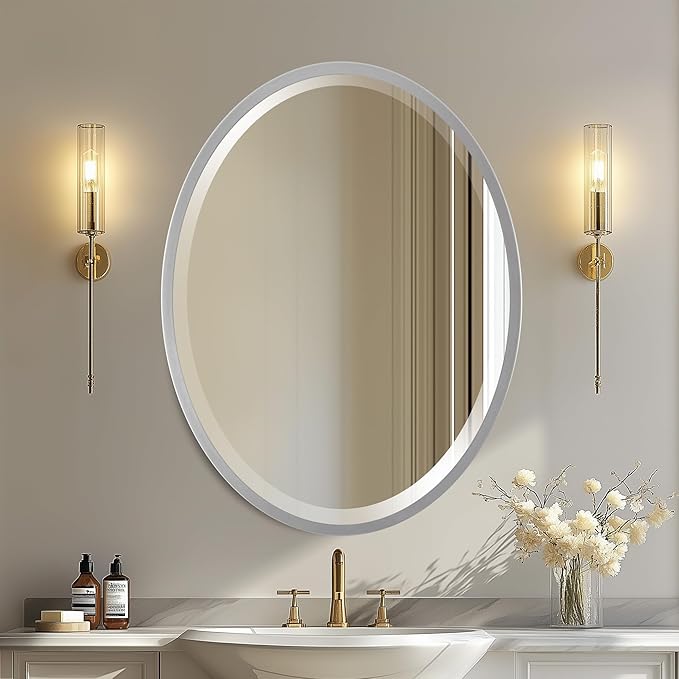 OVALCREST - Oval Wooden Beveled Wall Mirror for Home Decor, Bathroom, Vanity, Bedroom, Living Room, Hallway - London Style (Silver Spray) 25.1 x 21.1